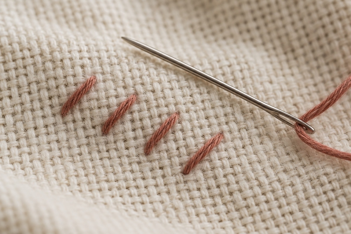 Needle and simple diagonal practice stitches on blockweave fabric