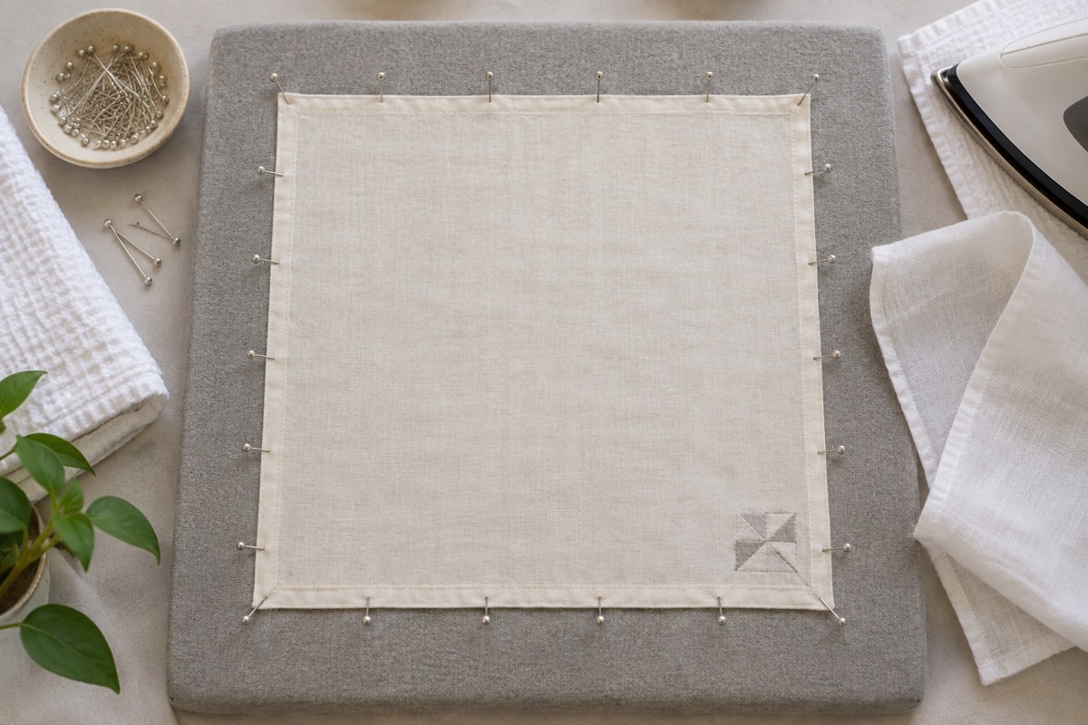 Counted-stitch fabric squared and pinned on a blocking surface