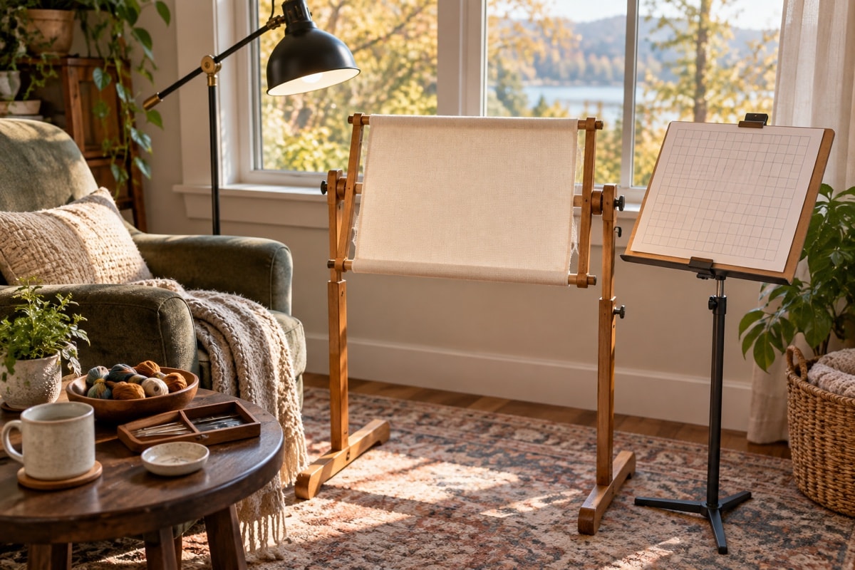 Empty stitching setup with side light, supported chair and raised fabric frame