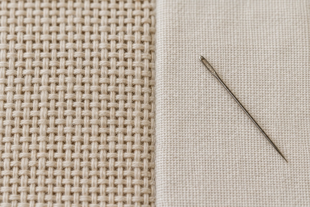 Close view of coarse and fine counted-stitch fabrics with different weave densities