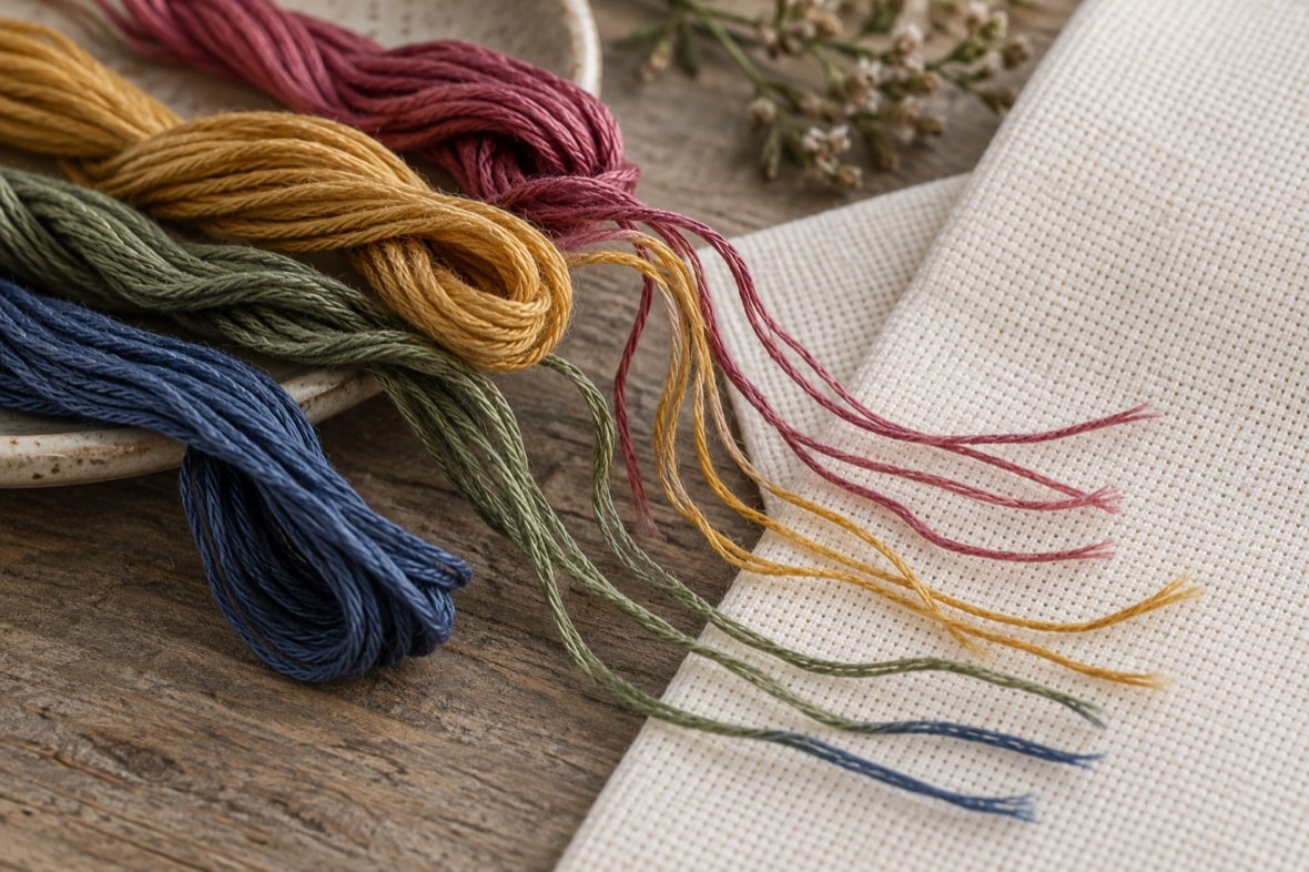 Separated cotton floss strands beside plain counted-stitch fabric