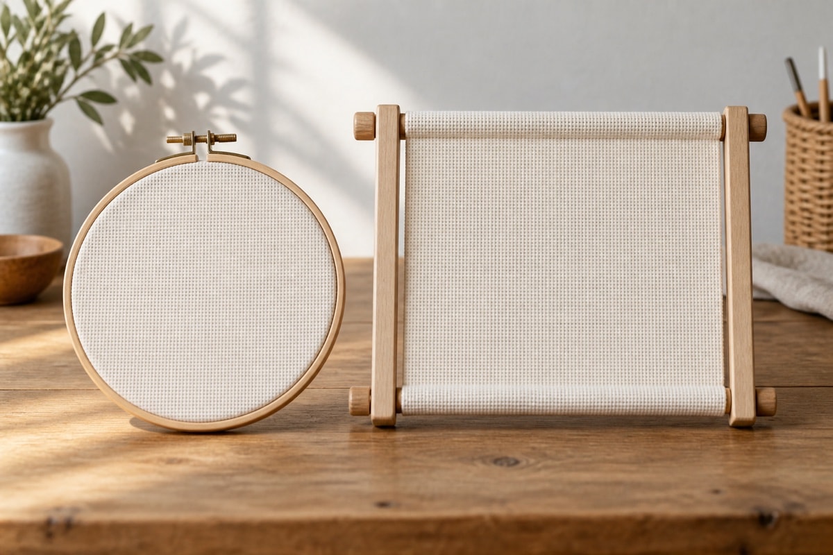 Wooden hoop and rectangular frame holding plain counted-stitch fabric