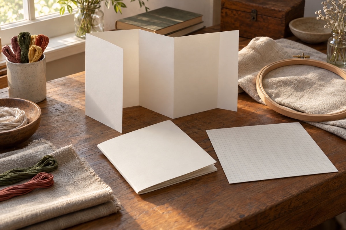 Blank folded leaflets, booklet and counted-stitch materials on a worktable